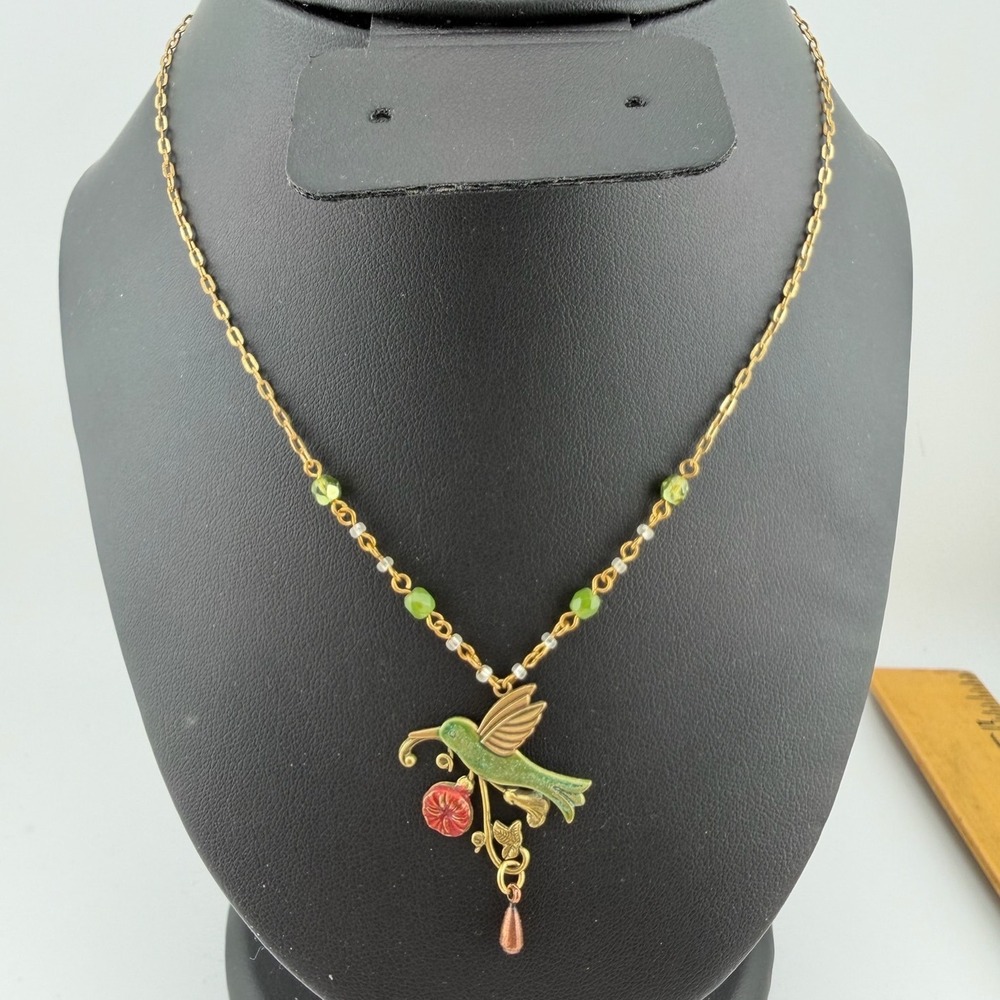 Hummingbird Pendant Necklace Gold Tone Green Red Enamel Nature Beaded